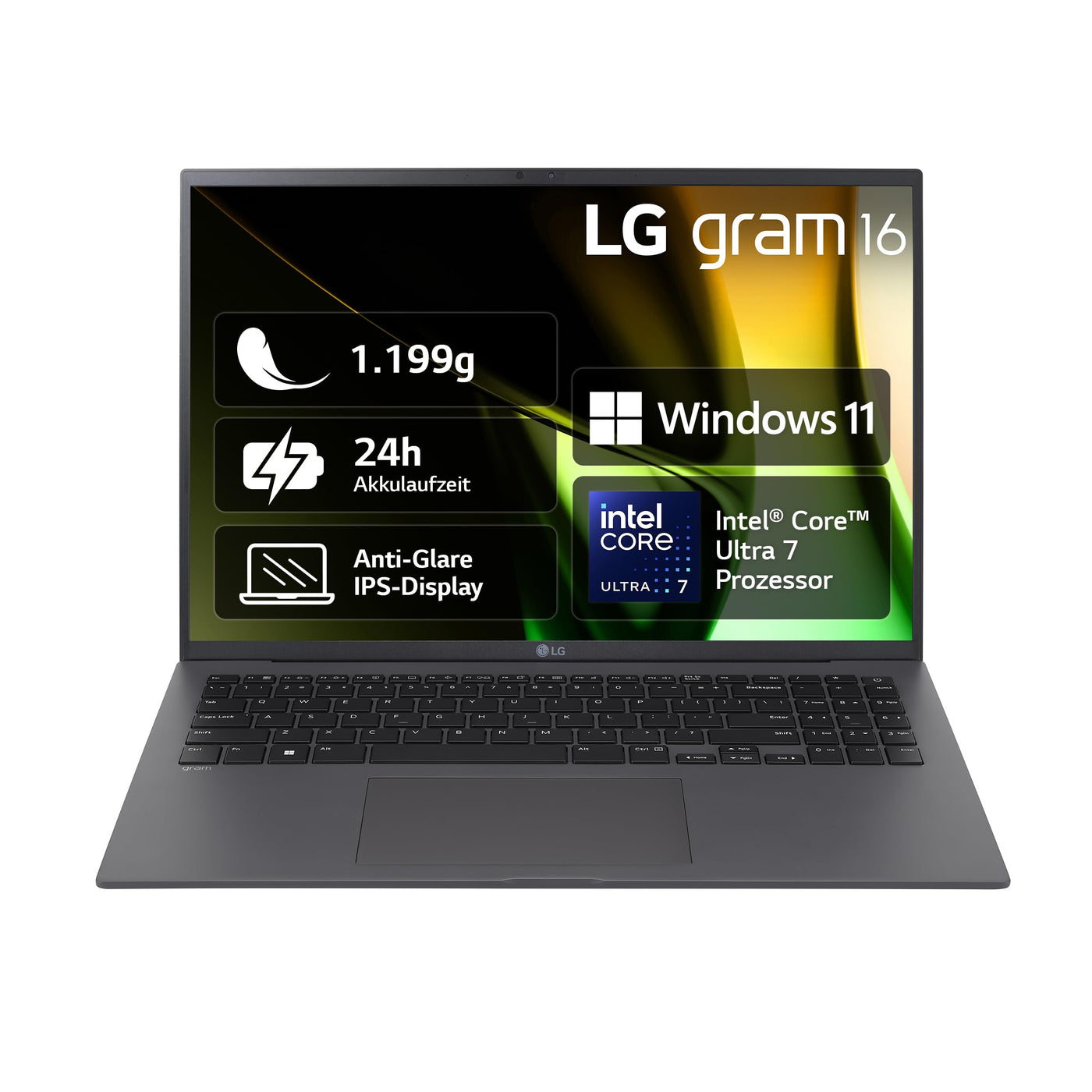 2024 LG gram 16 Zoll Notebook - 1199g Intel Core Ultra7 Laptop (32GB RAM, 2TB Dual SSD, 24h Akkulaufzeit, IPS Panel Anti-Glare Display, Win 11 Home) - Grau