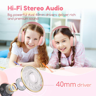 EarFun Bluetooth Kopfhörer Kinder, 85/94dB Lautstärkeregelung, HiFi Sound, HD-Mikrofon, 40 Std Akku, Faltbare, Einstellbar, Kopfhörer Kabellos Bluetooth Kinder für Schule/Reise, Rosa
