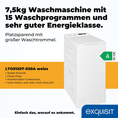 Exquisit Toplader Waschmaschine, 7,5kg Füllmenge, Waschmaschine schmal, Energieklasse A, 1200 U/Min, Startzeitvorwahl, Kurzprogramm, LTO51207-030A weiss