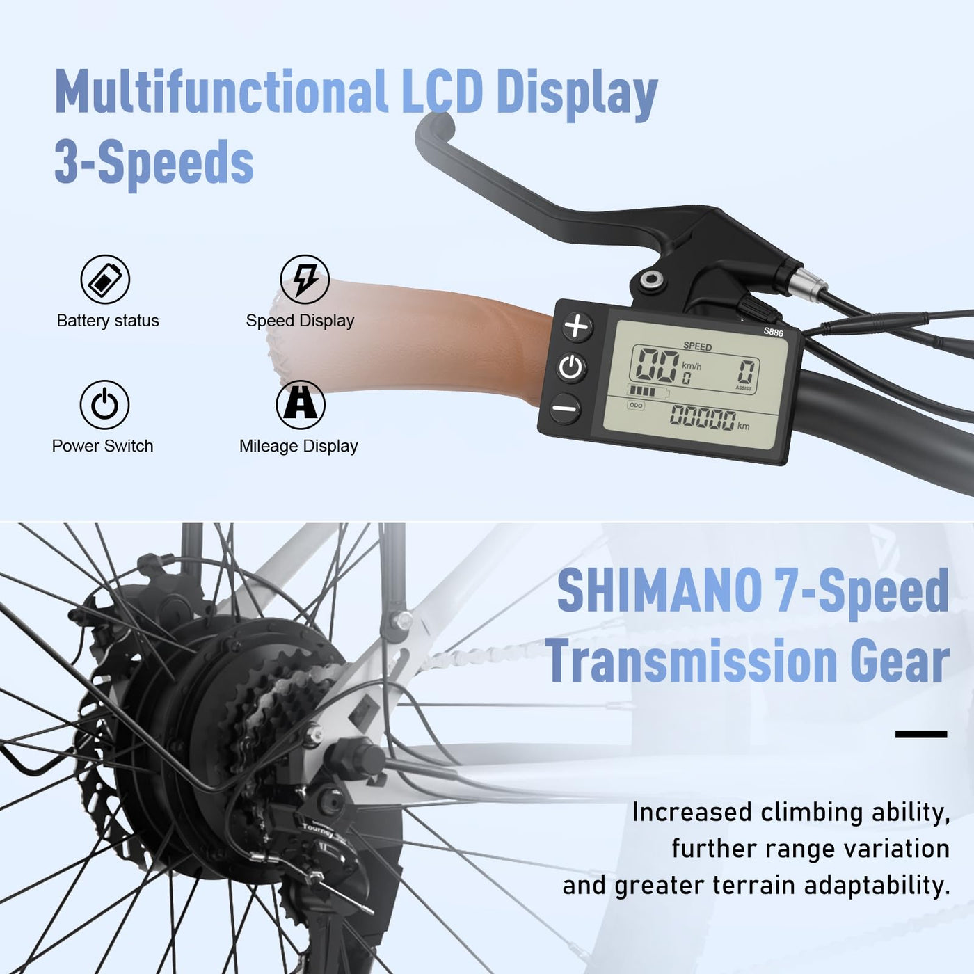 COLORWAY 28"*2,0" E-Bikes, mit bürstenlosem 250W Motor. Elektrofahrräder mit eingebautem 36V 15Ah Akku, 7 Gängen, LCD-Display, Stoßdämpfergabel.
