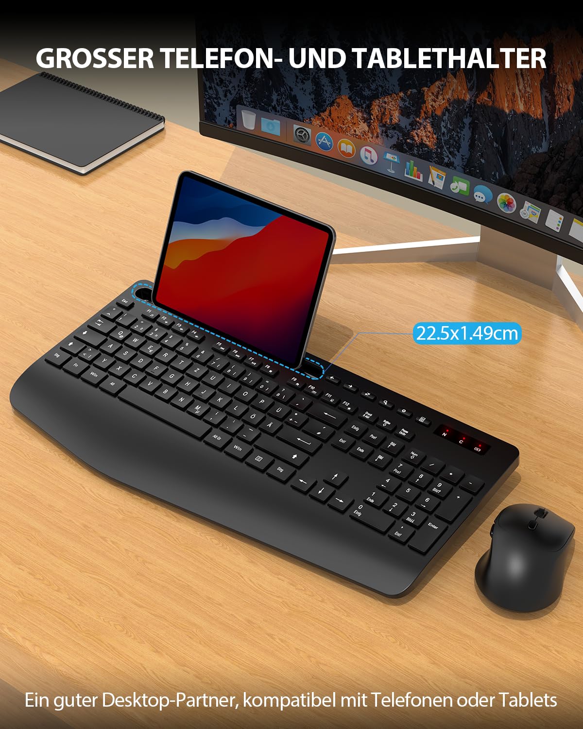 Tastatur Maus Set kabellos, Handballenauflage, Telefonhalter, Akku im Lieferumfang enthalten, 2.4G keine Latenz Ergonomische Tastatur kabellos Set, Leise Maus und Tastatur für Laptop, PC, Mac, Windows