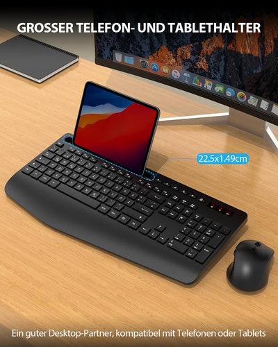 Tastatur Maus Set kabellos, Handballenauflage, Telefonhalter, Akku im Lieferumfang enthalten, 2.4G keine Latenz Ergonomische Tastatur kabellos Set, Leise Maus und Tastatur für Laptop, PC, Mac, Windows