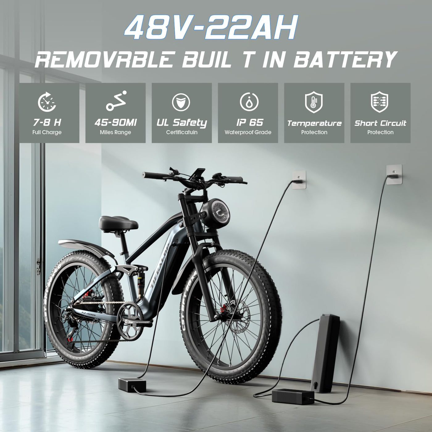 tifgalop Elektrofahrrad für Erwachsene, bürstenloser Hochfrequenzmotor, Doppel-Amortisierung, herausnehmbarer 48V18AH-Akku, maximale Reichweite 45-90 km, 26-Zoll-Mountainbike