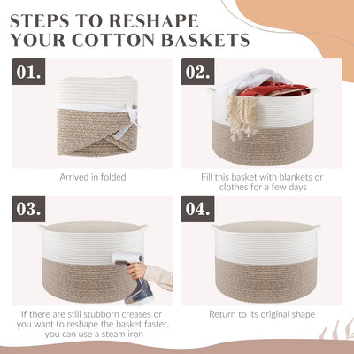 Maliton Aufbewahrungskorb für Wohnzimmer, Wäschekorb Geflochten aus Baumwollseil,Spielzeug Korb mit Griffen,Korb für Kuscheltiere,Wäsche,Decken,Kissen,Kleidung,50x33 cm,Weiß Braun