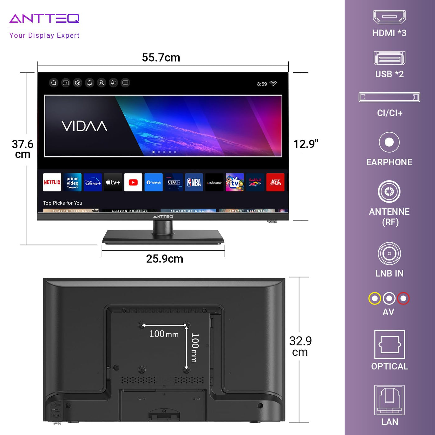 Antteq ViTA Series Smart TV 25 Zoll (Fernseher 64 cm),FHD,Triple Tuner(DVB-T2/S2/C),App Store,Netflix,Prime Video,DAZN,UVM,WiFi,Hotelmodus,V25-AF3Q1 2024