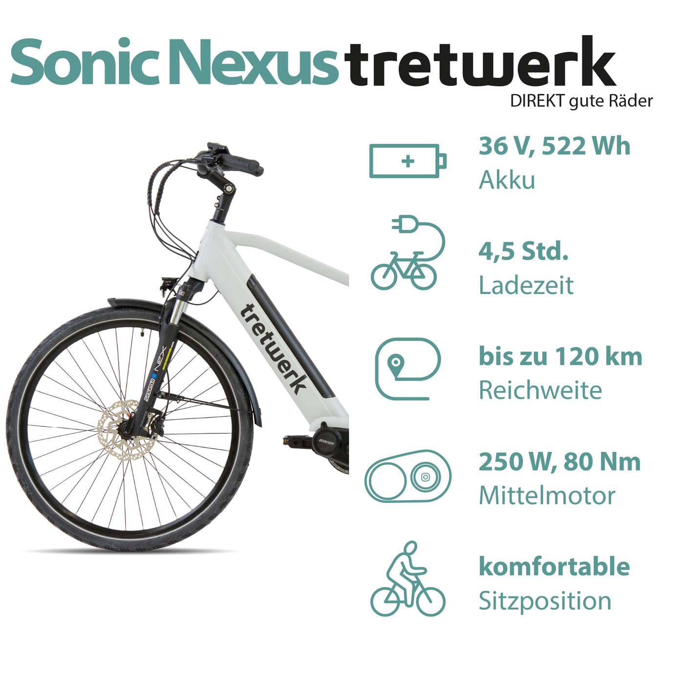 TRETWERK 28 Zoll E-Bike Herren Cityrad - Sonic Nexus - Pedelec Herrenfahrrad mit 7 Gang Nabenschaltung -Elektrofahrrad mit Mittelmotor - weiß 50cm