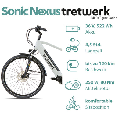 TRETWERK 28 Zoll E-Bike Herren Cityrad - Sonic Nexus - Pedelec Herrenfahrrad mit 7 Gang Nabenschaltung -Elektrofahrrad mit Mittelmotor - weiß 50cm