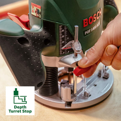 Bosch Oberfräse POF 1400 ACE (1400 W; für Holzbearbeitung; 3x Spannzange; Fräser; Parallelanschlag; Absaugadapter; im Koffer), Testnote: Testsieger (Magazin: selbst ist der Mann)