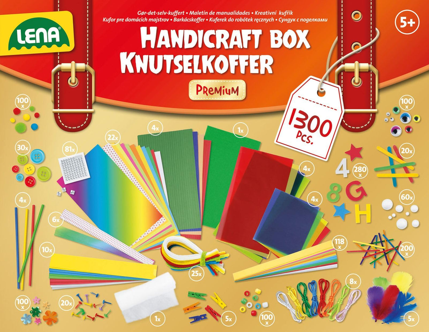 Lena 42663 Premium XXL Bastelkoffer mit 1300 Teile, Material zum Basteln, mit Moosgummi, Buntpapier, Perlen, Blumen, Pompon, Bänder, Knöpfe, Kulleraugen und vielem mehr, für Kinder ab 5 Jahre, Mittel