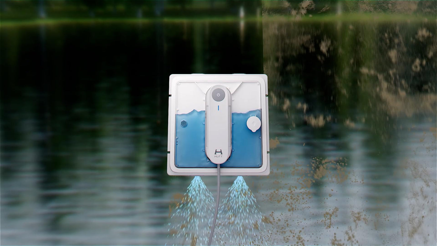 HUTT W9 Fensterputzroboter mit 150ml Panorama-Tank (3800Pa Saugleistung, Kanten- und Hinderniserkennung, Für Glas, Fliesen, Wintergärten, Spiegel etc, 13 Sensoren, Sicherungsseil, 4X Reinigungstuch)