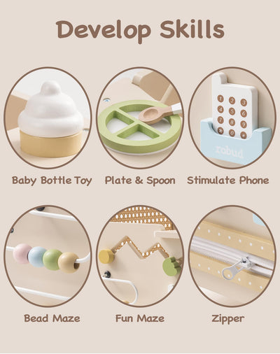 ROBUD Holz lauflernhilfe Baby Walker, 2-In-1 Puppe Lauflernwagen mit Montessori Busy Activity Board für Motorik, Sicherheitsbremse Spielzeug Laufwagen, Geschenk für Kleinekinder ab 10 Monate+