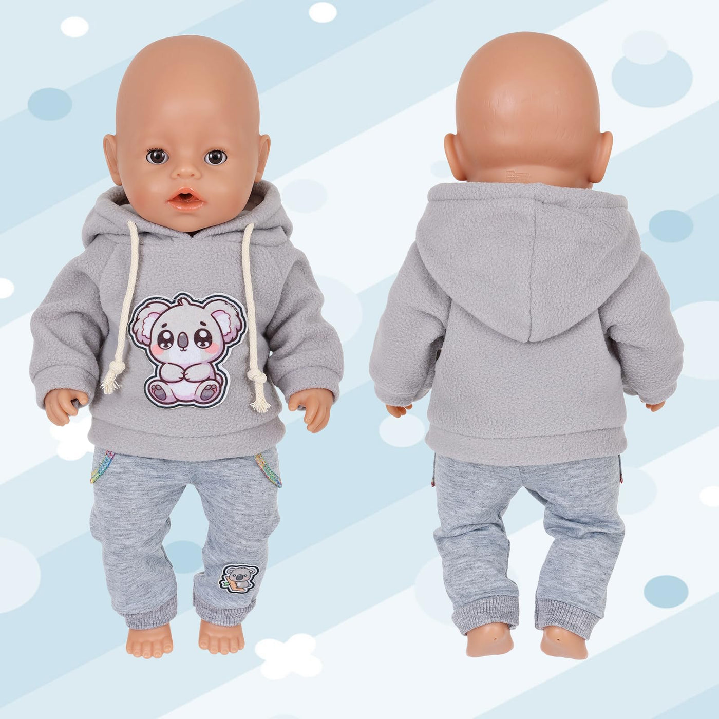4 Stück Puppenkleidung für 14–18 Zoll große Babypuppen, 35-45cm Baby Puppen Outfits mit Koala, 43cm Süße PuppenKleidung Zubehör mit grau Koalahoodie + Hose + Socken + Kleiderbügel