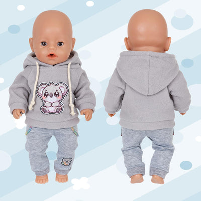 4 Stück Puppenkleidung für 14–18 Zoll große Babypuppen, 35-45cm Baby Puppen Outfits mit Koala, 43cm Süße PuppenKleidung Zubehör mit grau Koalahoodie + Hose + Socken + Kleiderbügel