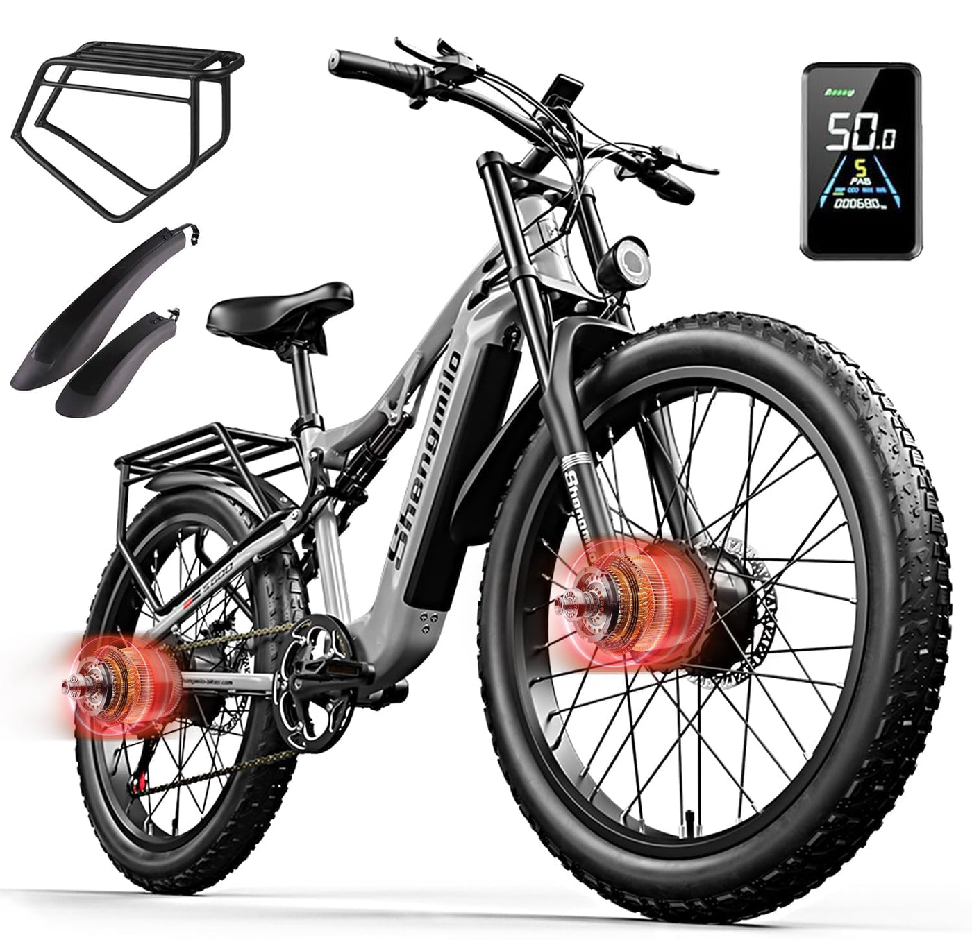 Shengmilo S600 2 * 1OOOW Dual Motor Aluminium Rahmen E-Bike, Drehmoment 80N.M×2,26Zoll,3.0 Fat Tire Elektrofahrrad, 840WH Akku mit abnehmbarem Li-Ion Akku und 7 Gangschaltung Herren Damen e Bike