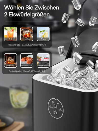 FOHERE Eiswürfelmaschine 14kg 24 Stunden, Eiswürfel in 5 Min, 2 Größen von Bullet Ice, Selbstreinigender Eiswürfelbereiter mit Griff, Eisschaufel u. Korb, Ice Maker für Party Büro RV (Off-white)