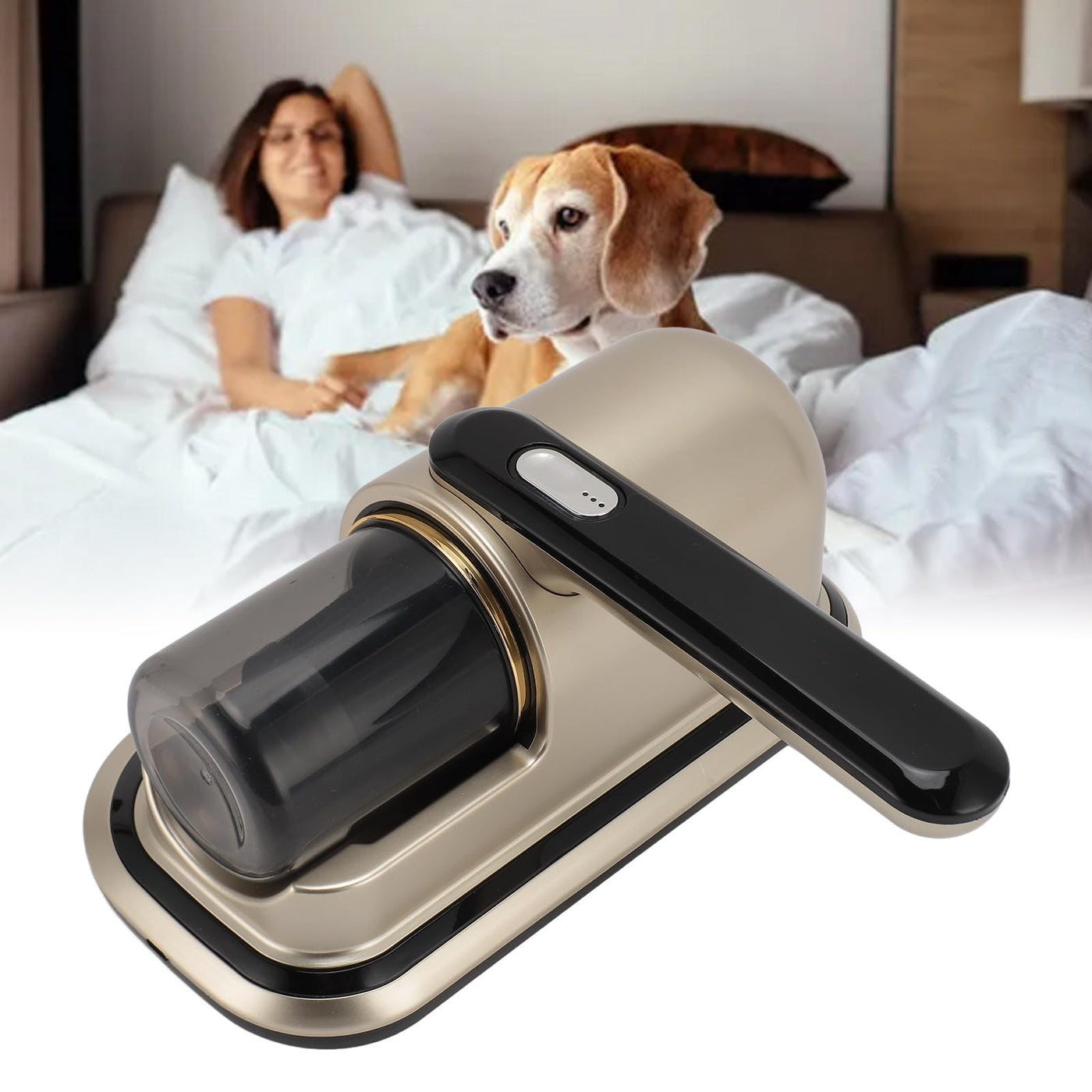 HURRISE Kabelloser Matratzenstaubsauger, Leistungsstarkes Doppelklopfen, Klopfmodus, Reinigungslicht, 2 Gänge, Geräuscharm, für den Heimgebrauch, ABS-Materialien, Champagnergold