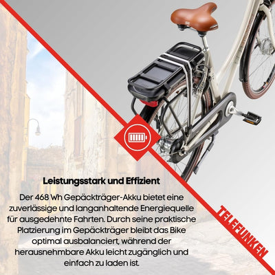 TELEFUNKEN E-Bike Elektrofahrrad 28 Zoll mit 7-Gang Nabenschaltung, Retro Pedelec Citybike mit Gepäckträger und Fahrradschloss, Frontmotor 250 W und 13 Ah, 36V Li-Ion Akku, RT540 Multitalent