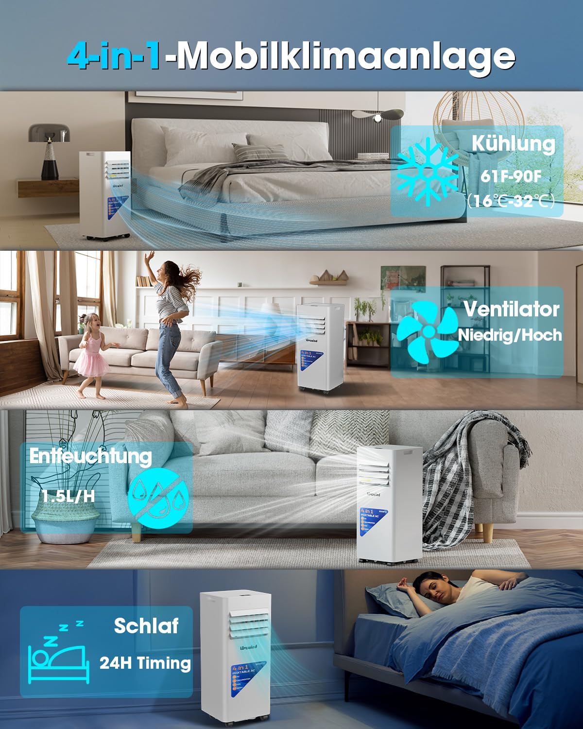Lovewind Mobiles Klimagerät 9000 BTU (Eco R290), Leise 52 dB, Tragbare Klimaanlage mit Fernbedienung, 4-in-1 Kühlung, Entfeuchtung, Belüftung und Schlafen, IPX1 für Innenräume Büro