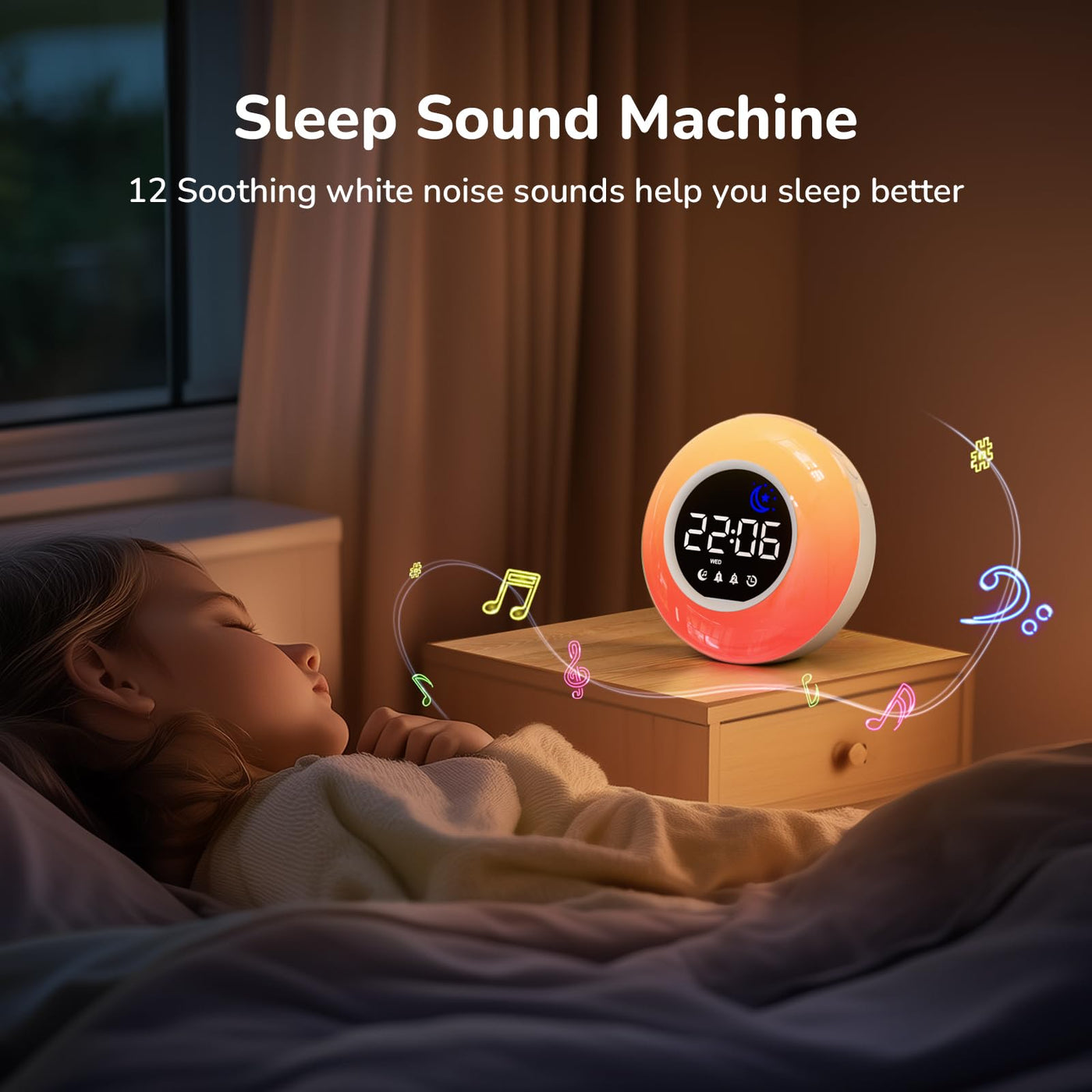 HERMIC Wecker Digital, Kinderwecker mit Nachtlicht, 12 White Noise, 2 Alarme, Snooze und Timer, Einstellbare Helligkeit und Lautstärke, Wecker Kinder für Schulanfänger Mädchen Jungen, Netzbetrieben