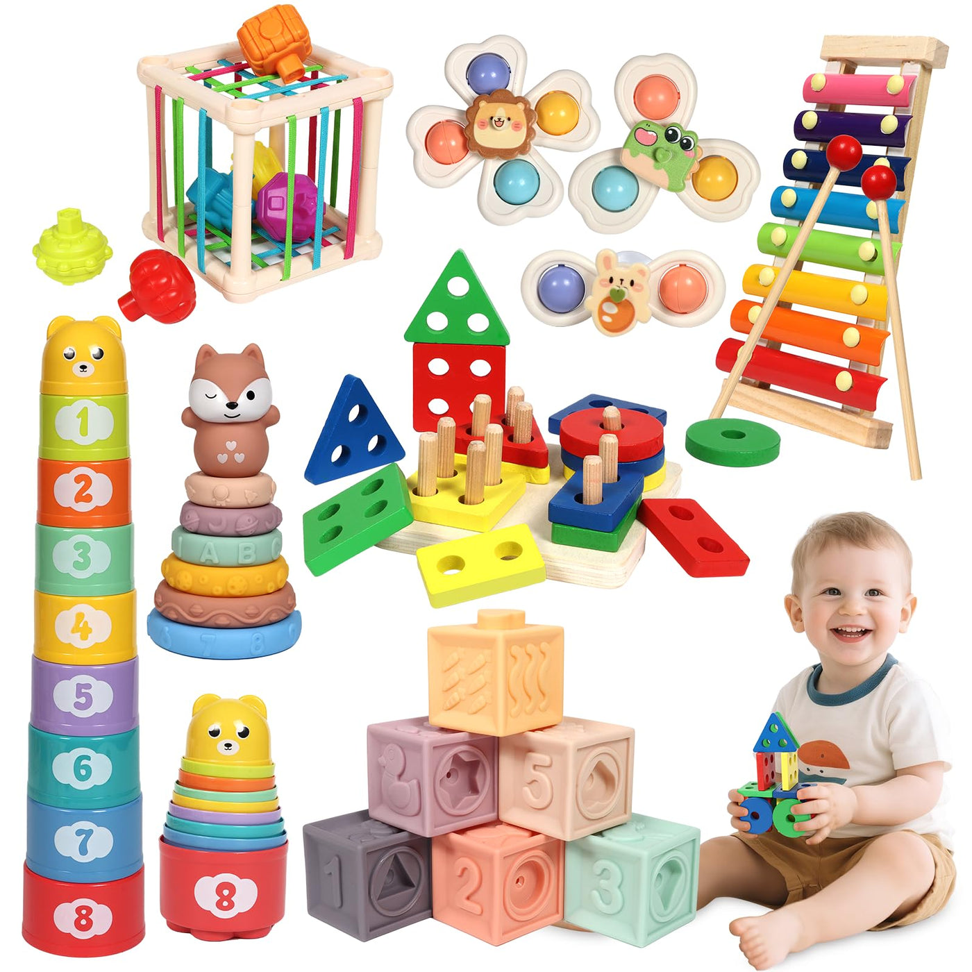 LearnToy Baby Spielzeug 18-36 Monate - Montessori 7-in-1 Aktivitätsset mit Stapelblöcken, Beißring & Sensorik-Behälter, Zertifiziert nach EN71, Geschenk für Babys