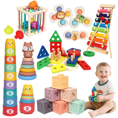 LearnToy Baby Spielzeug 18-36 Monate - Montessori 7-in-1 Aktivitätsset mit Stapelblöcken, Beißring & Sensorik-Behälter, Zertifiziert nach EN71, Geschenk für Babys