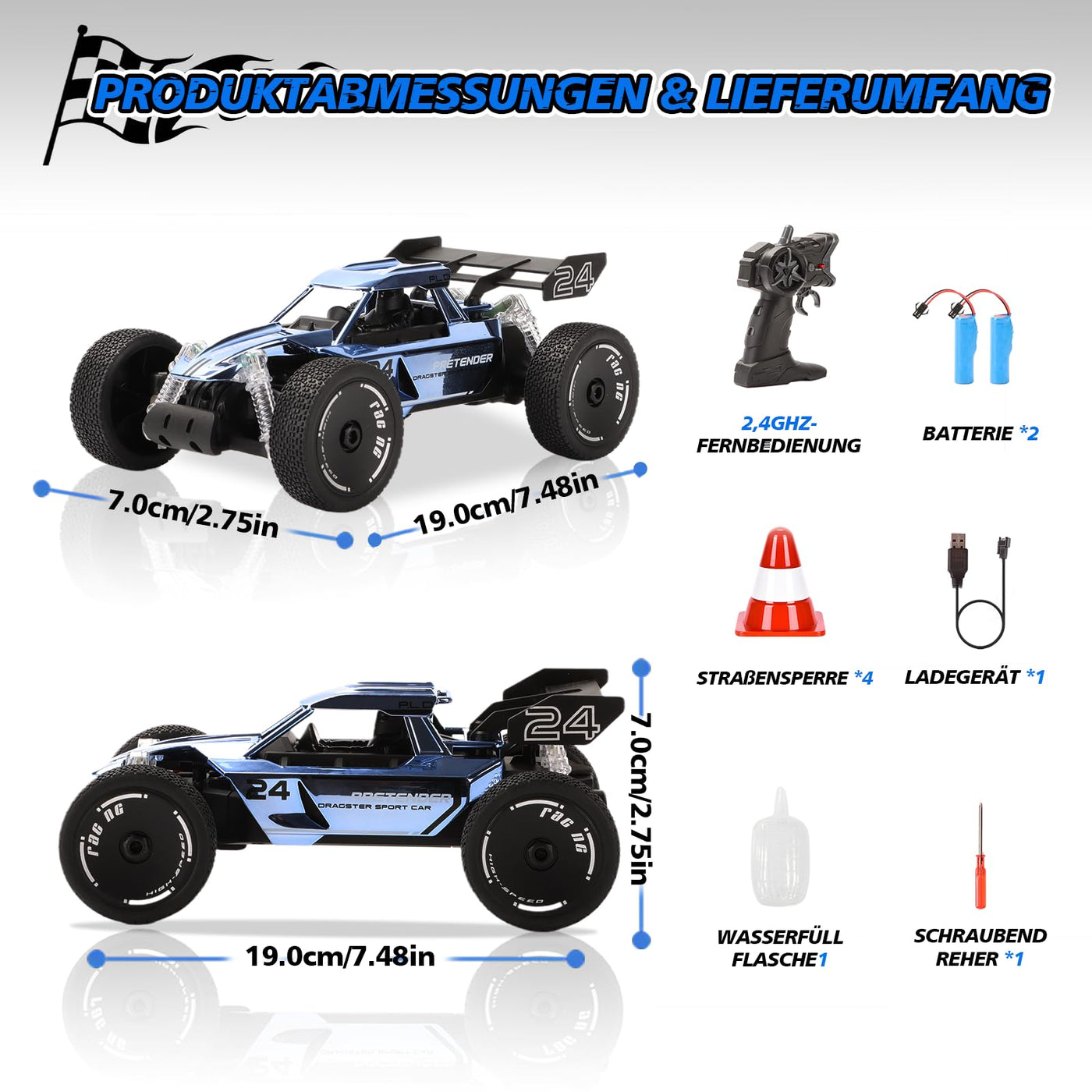 BuzzoXerex 1:18 Ferngesteuertes Auto, 2.4GHz RC Offroad Auto, 2WD 15KM/H RC Buggy mit Sprühfunktion LED-Leuchten, 60 Min Spielzeit, Spielzeugauto Geschenk für Kinder ab 6 7 8 Jahre (Blau)