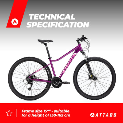 ATTABO Damen Fahrrad Alpe 3.0 mit Aluminiumrahmen 15" Ergonomischer Lenker Hydraulische Scheibenbremsen Lila Mountainbike mit 29" Rädern mit Zubehör Verstellbarer Sattel 24-Gang Schaltung