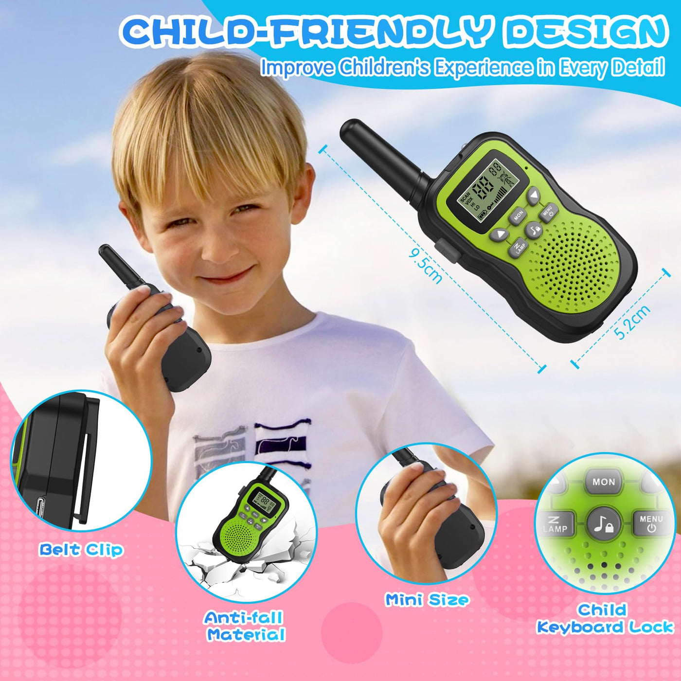 Walkie Talkie Kinder 3er Set, Apkezel Walky Talky mit 1000mAh Aufladbar Akku, Große Reichweite 3km Walki Talki Funkgeräte Set mit VOX Taschenlampe für Freien, Camping, Wandern