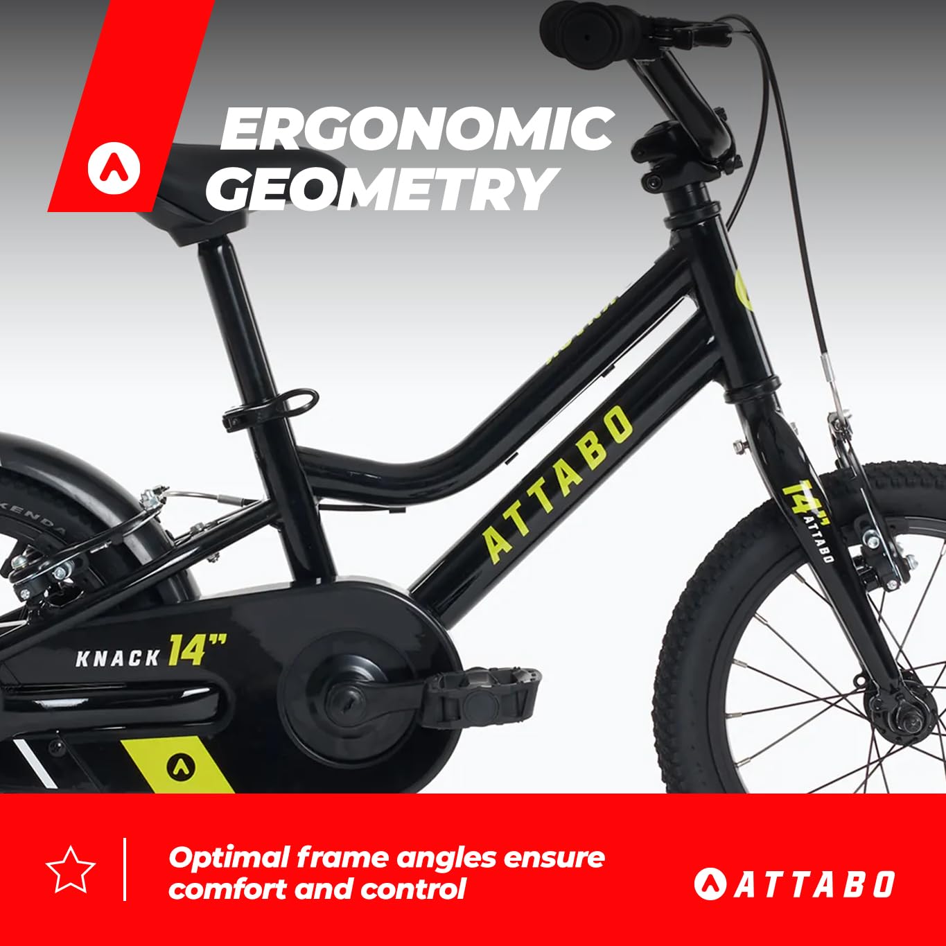 ATTABO Knack 14 – Kinderfahrrad (2–5 Jahre) mit leichtem Aluminiumrahmen (8 kg), 14-Zoll-Rädern, für 85–110 cm Körpergröße, bis 50 kg belastbar, ergonomischer Lenker, ideal für erste Fahrten