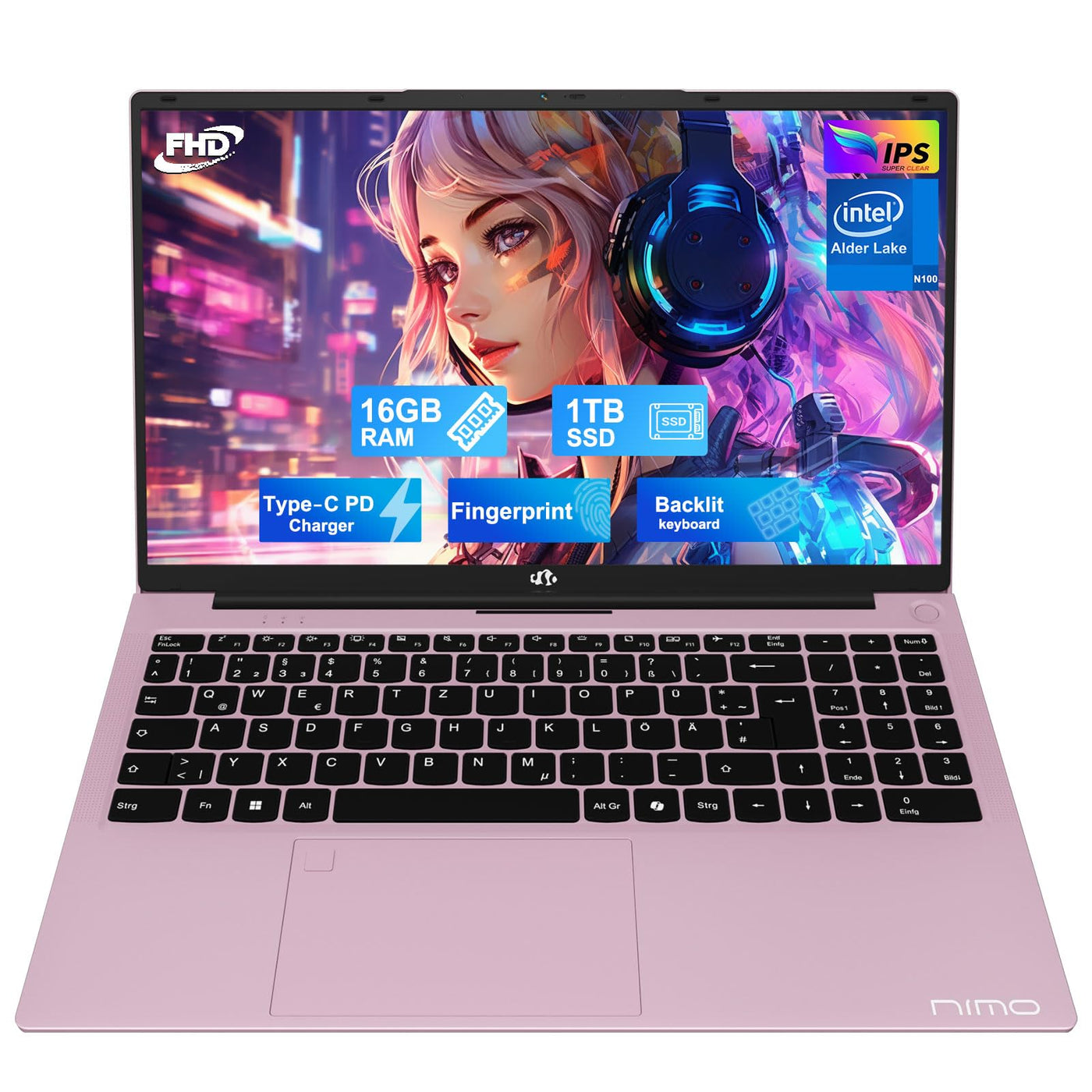 NIMO Roségold Laptop 15,6 Zoll Full HD: 16GB RAM, 1TB SSD, Intel N100, WLAN-Konnektivität, USB-C 65W, Fingerabdruck, Beleuchtete Tastatur, Leichter Computer für Arbeit & Studium