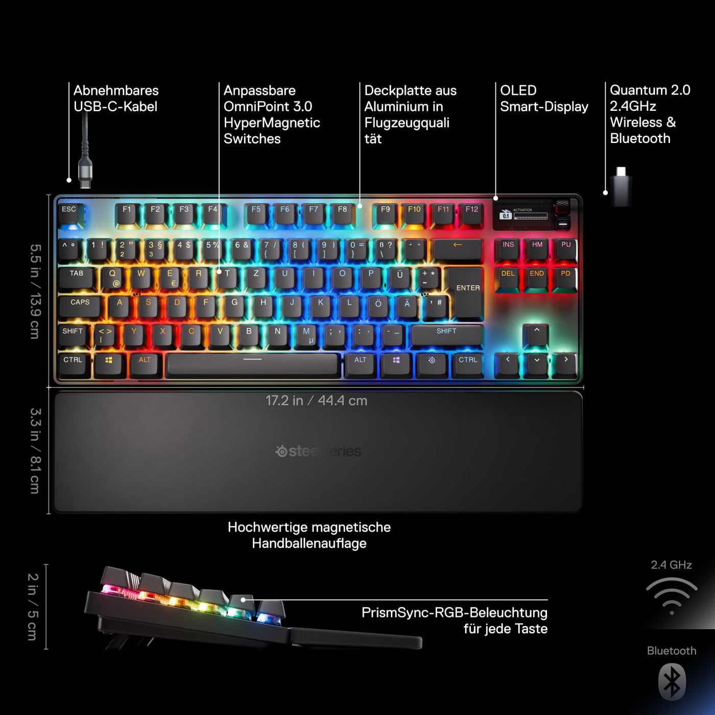 SteelSeries Apex Pro TKL Wireless Gen 3 - HyperMagnetic Gaming-Tastatur - OmniPoint 3.0 Switches - Anpassbares Ansprechverhalten - Sofort einsetzbare Presets - Rapid Tap/SOCD - OLED - DE QWERTZ Layout