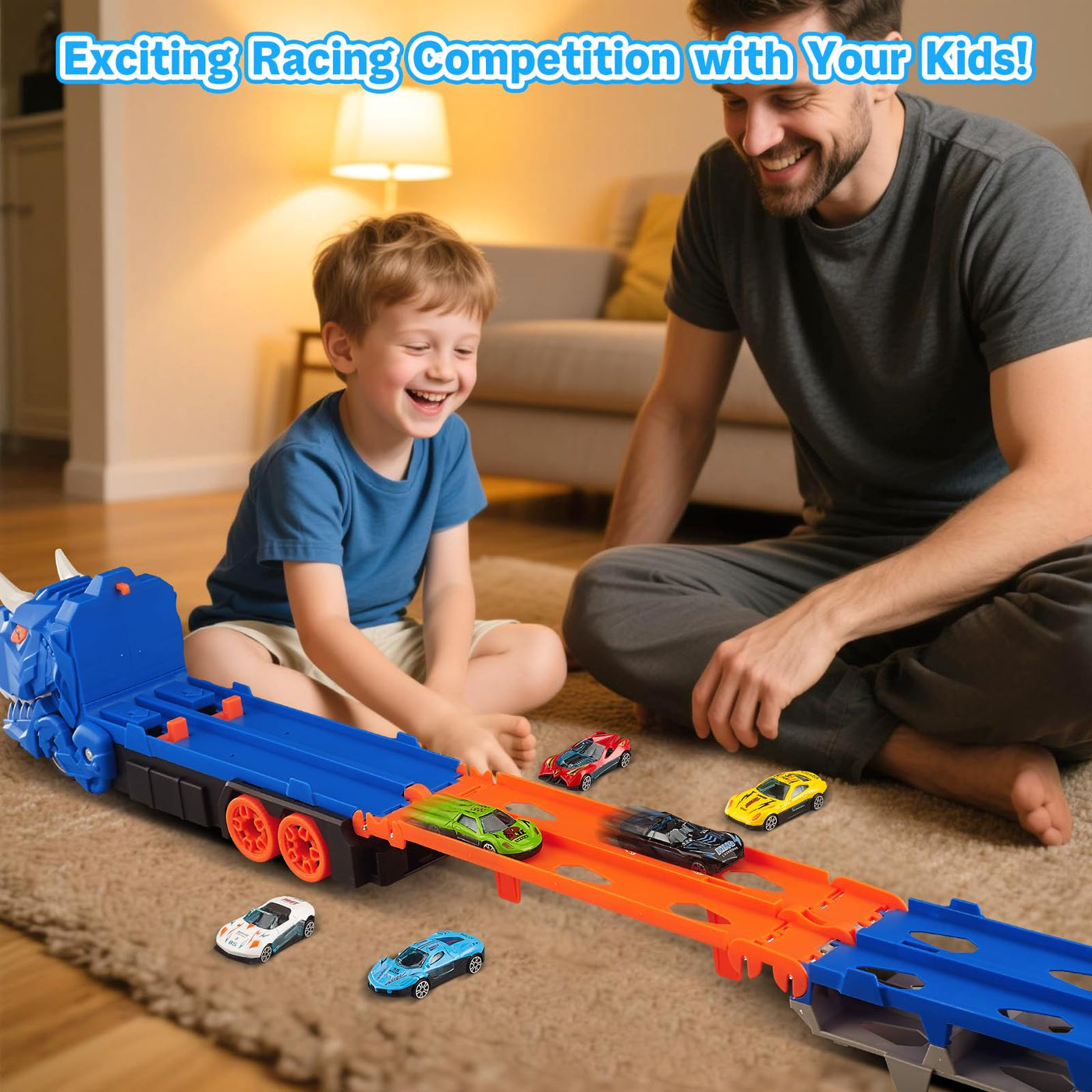 Dinosaurier Transport Truck Spielzeug ab 3 4 5 6 Jahre, 157cm Faltbare Autorennbahn Spielzeugauto mit 6 Rennautos, Tragbares Transporter Spielset Auto Spielzeug Geschenk für Jungen Kinder Mädchen
