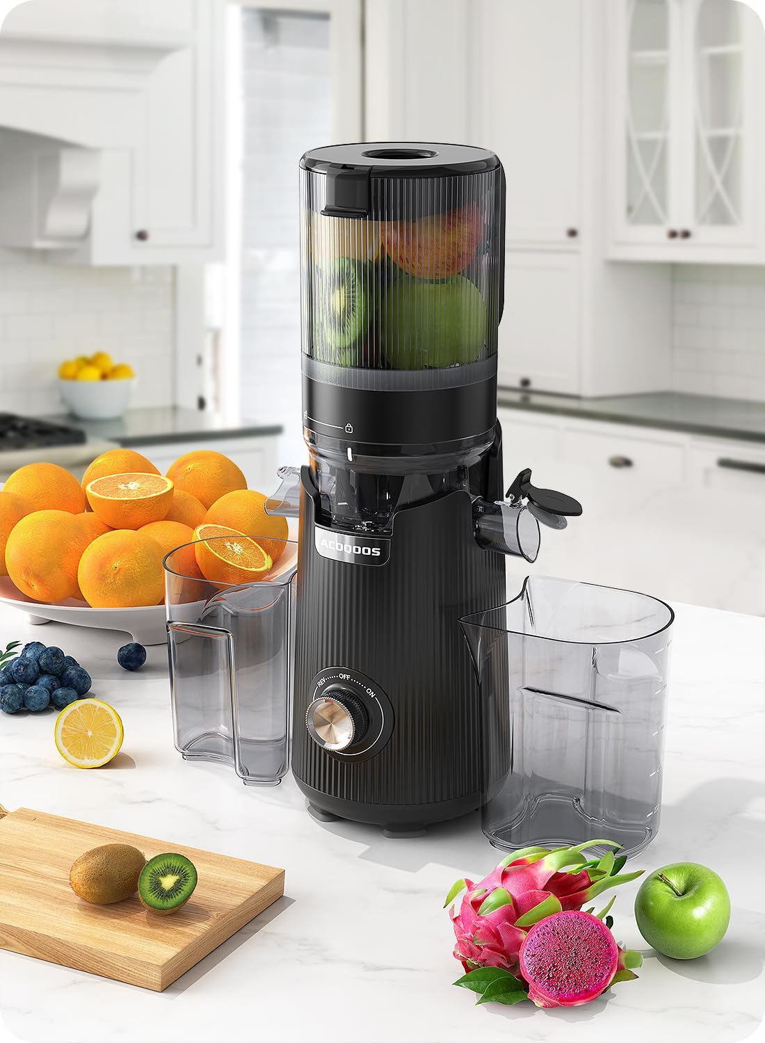 ACOQOOS Entsafter, Entsafter für Ganze Gemüse und Obst, 135 mm Breite und Größere Fütterungsröhre, 1,8 L Füllvolumen, Leicht zu Reinigender Slow Juicer mit 2 Gläsern, Elektrische Saftpresse Schwarz