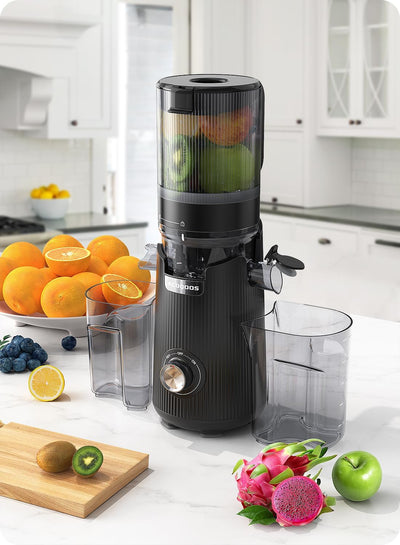 ACOQOOS Entsafter, Entsafter für Ganze Gemüse und Obst, 135 mm Breite und Größere Fütterungsröhre, 1,8 L Füllvolumen, Leicht zu Reinigender Slow Juicer mit 2 Gläsern, Elektrische Saftpresse Schwarz