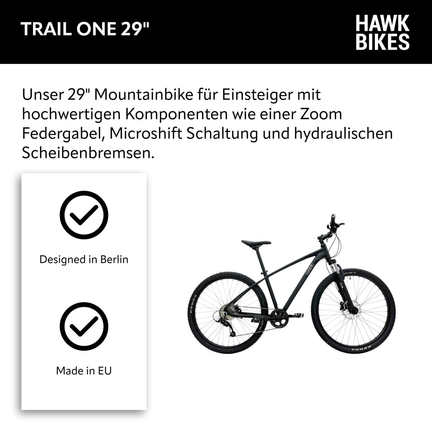 HAWK Trail One 29" Mountainbike XL Schwarz I Offroad Fahrrad mit Zoom Federgabel & Aluminiumrahmen I Mountainbike 29 Zoll, Microshift 9 Gang Schaltung
