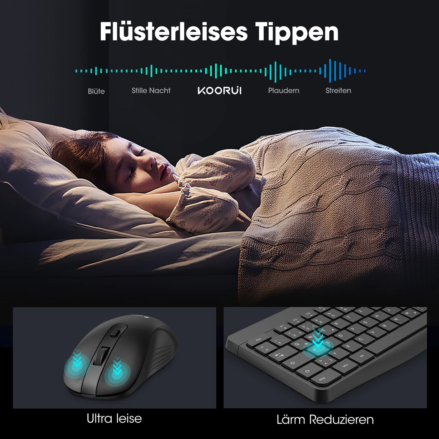 KOORUI Tastatur und Maus Kabellos, Leise Maus Tastatur Set Deutsches Layout QWERTZ mit 12 Funktionstasten 2.4 GHz Tastatur Maus Set für Windows,MacOS,Linux-Schwarz