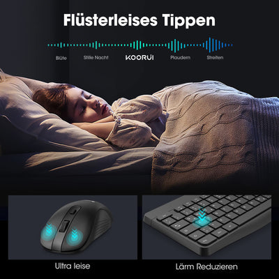 KOORUI Tastatur und Maus Kabellos, Leise Maus Tastatur Set Deutsches Layout QWERTZ mit 12 Funktionstasten 2.4 GHz Tastatur Maus Set für Windows,MacOS,Linux-Schwarz