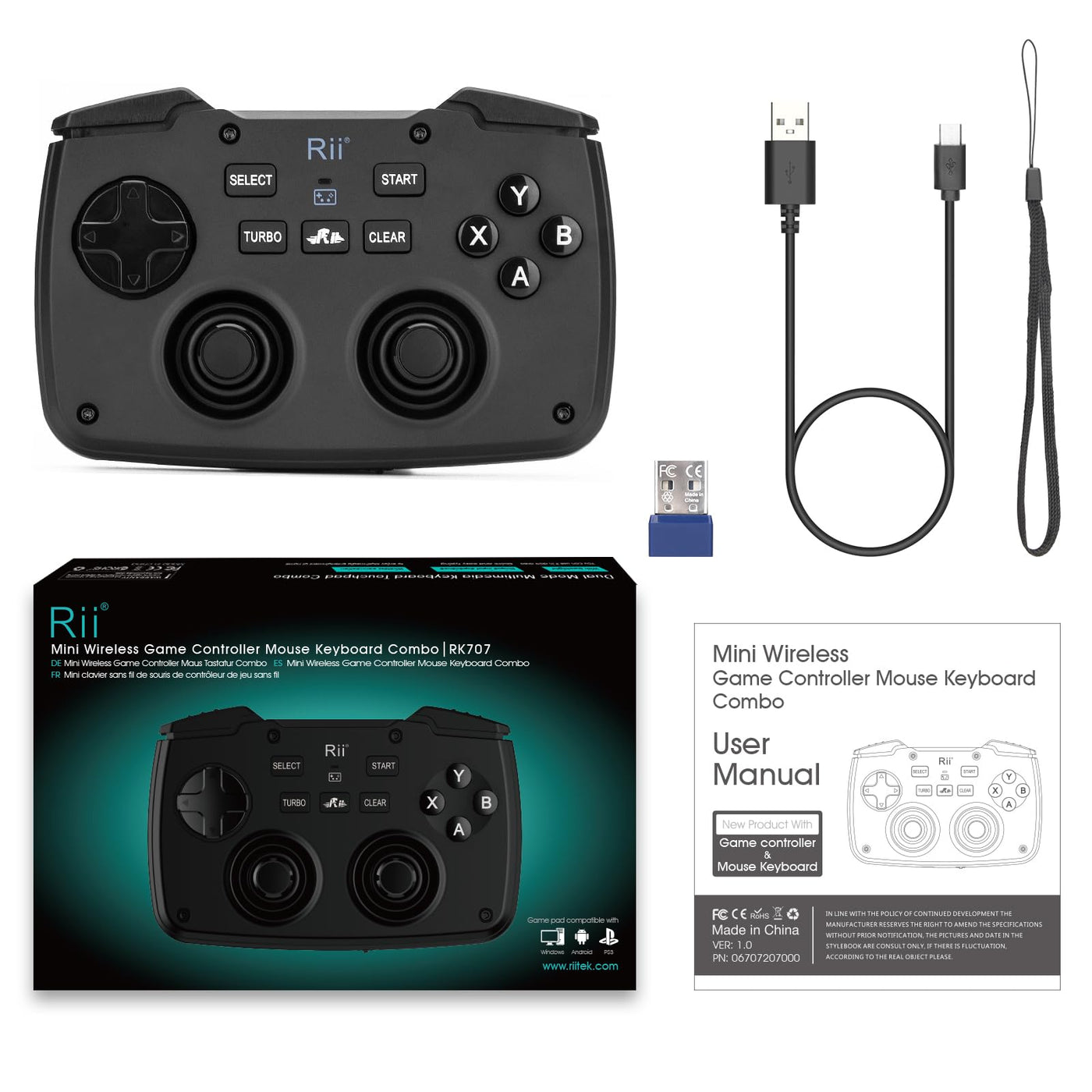 Rii Gaming Controller Wireless mit Tastatur mit Touchpad, 3-in-1-Funktionalität, 2,4GHz-Empfänger-Anschluss, Wiederaufladbare, Weiße Hintergrundbeleuchtung