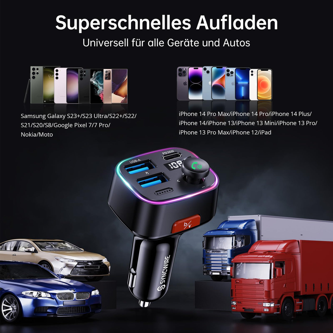 Syncwire FM Transmitter Auto Bluetooth 5.4 48W (PD 36W & 12W) Bluetooth Adapter Auto mit [Lichtschalter] [HiFi-Bass-Sound] [Schnellladen] Freisprecheinrichtung Autoladegerät Zigarettenanzünder