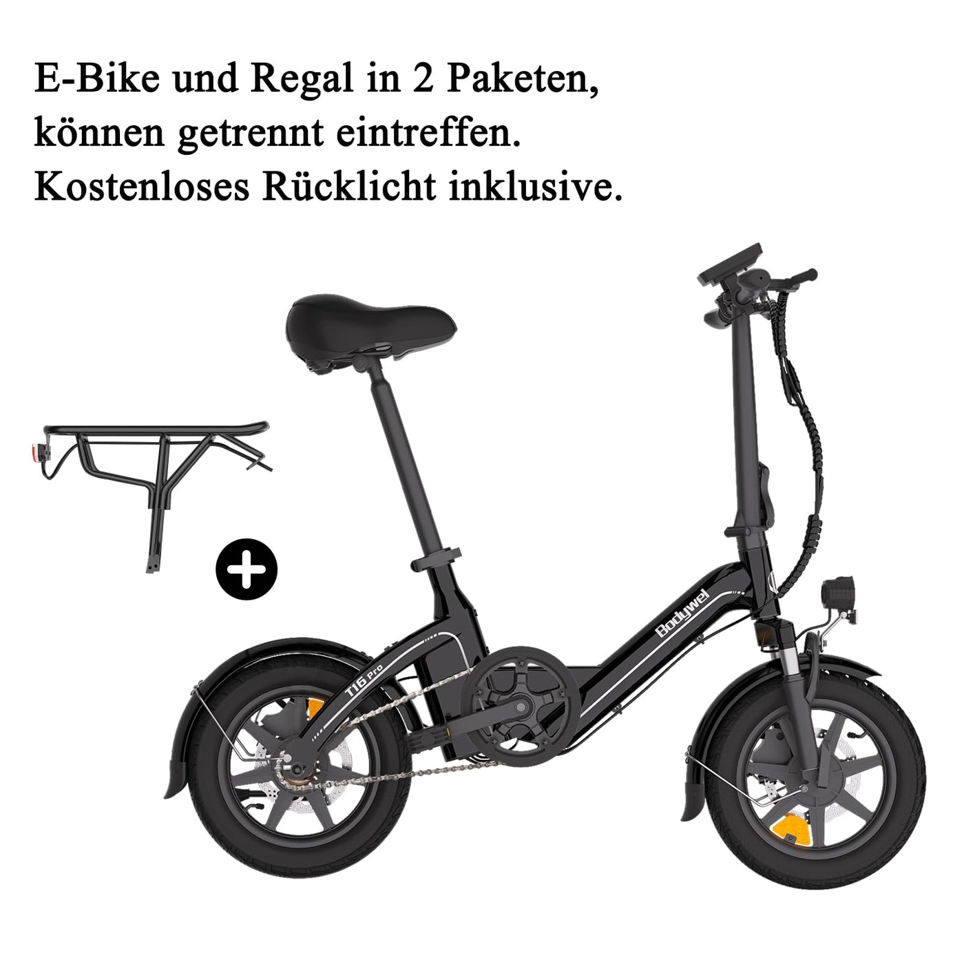Bodywel T16PRO Mini E Bike 14 Zoll faltbar Elektrofahrrad 250W 36V/7.8Ah Akku mit APP Funk für Herren Damen,Reichweite Max 45 km (Schwarz+Rückpacktrager)
