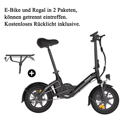 Bodywel T16PRO Mini E Bike 14 Zoll faltbar Elektrofahrrad 250W 36V/7.8Ah Akku mit APP Funk für Herren Damen,Reichweite Max 45 km (Schwarz+Rückpacktrager)