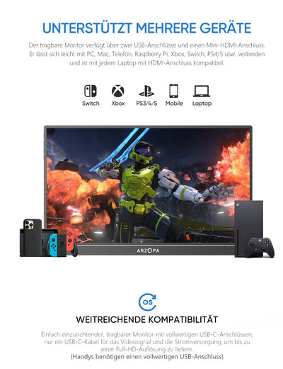 ARZOPA 16.0" 2.5k Portable Monitor, 2560x1600 HDR Display, 500nits 8bit QHD, USB-C HDMI Tragbarer Monitor für Laptop, 16:10 IPS, Unipolar Support für Mac PC PS4/5 Xbox Switch
