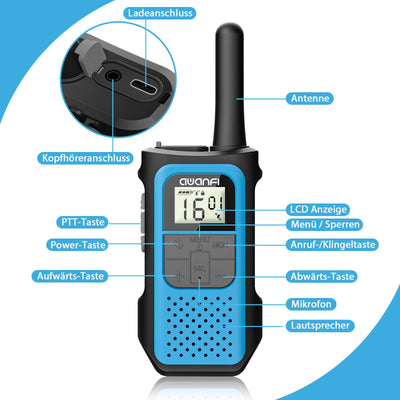AWANFI Walkie Talkie 4er Set, Walkie Talkie Aufladbar für Erwachsene Kinder, 16 Kanäle Funkgeräte Set mit 1200mAh Li-ion Akku VOX, Walki Talki für Camping Wandern Geschenk