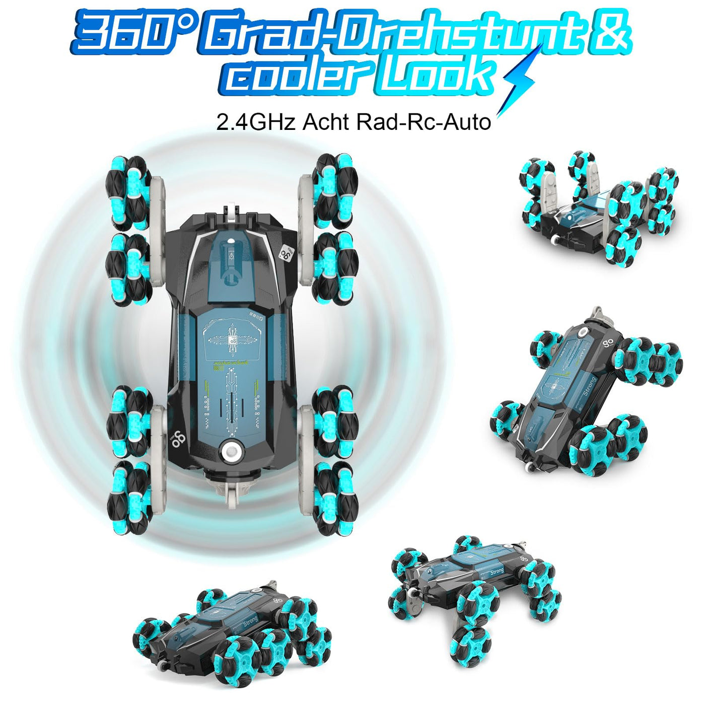 Nauotk Ferngesteuertes Auto, 2,4 GHz Ferngesteuerter RC Auto ab 6 7 8 9 10 11 12 Jahre, 8WD Stunt Drift Car mit Gestensensor, Coole Lichter und Sprühnebel, 2 Akku Spielzeug, Kinder Roboter-Blau