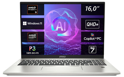 MSI Prestige A16 AI+, Business Laptop, Copilot+ PC, 16,0" QHD+, AMD Ryzen AI 9 365 Prozessor, 32 GB LPDDR5X-7500 RAM, 1 TB, AMD Radeon 880M, Windows 11 Home, QWERTZ Tastatur, A3HMG-036