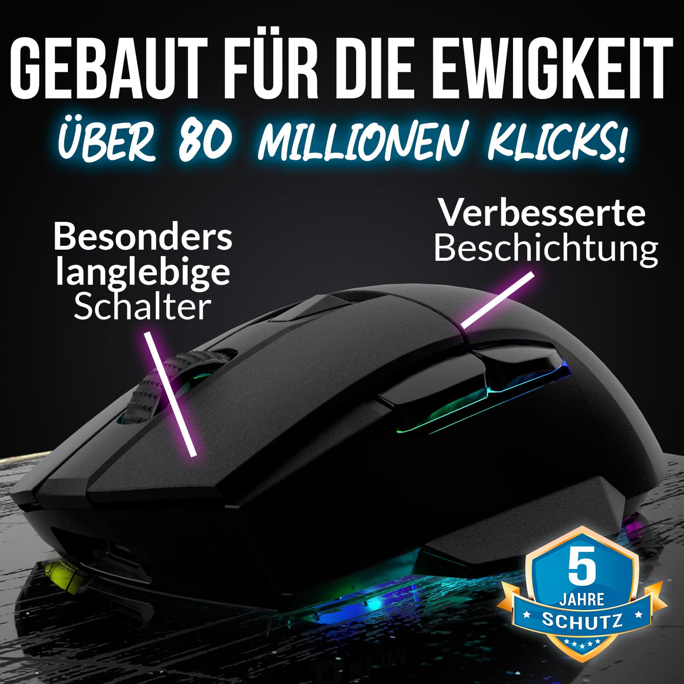 KLIM Blaze X RGB + NEU 2024 + Wiederaufladbare kabellose Gaming-Maus mit Ladestation + Langlebiger Akku + Bis zu 12000 DPI + Kabelgebundene & kabellose Maus PC, PS5, PS4, Mac + Schwarz