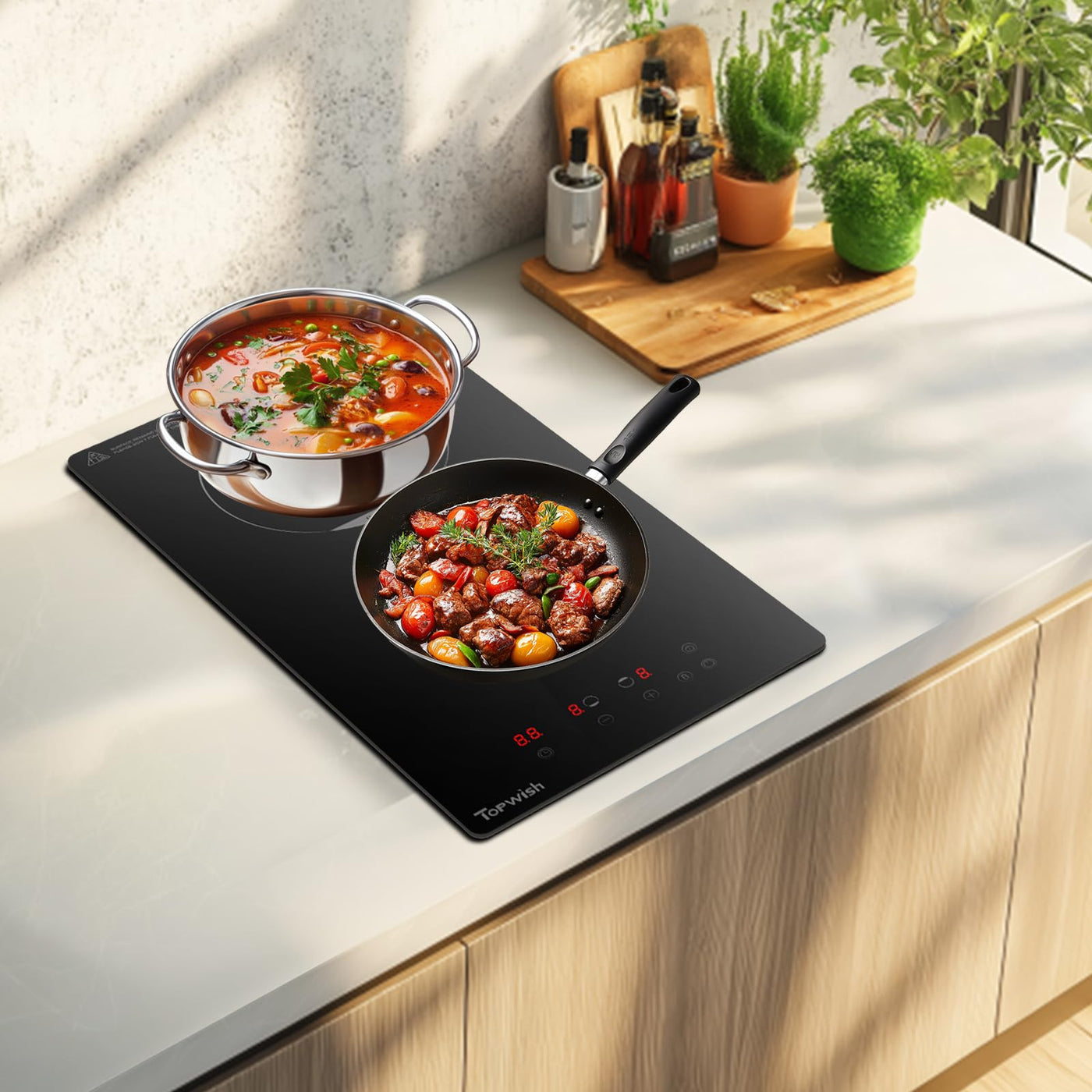 Topwish Induktionskochfeld,2 Zonen Induktionskochfeld,Herdplatte 2 kochfelder,Induktionsherd,Induktionskochplatte mit Kindersicherung, Boost-Funktion,Touchsteuerung,Restwärmeanzeige,Timer,29*52*6.4cm