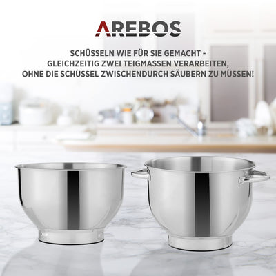 Arebos Küchenmaschine 1500W Türkis | Knetmaschine mit 2x Edelstahl-Rührschüsseln 4,5 & 5,5L | Geräuscharm | Küchenmixer mit Rührhaken, Knethaken, Schlagbesen und Spritzschutz | 6 Geschwindigkeiten
