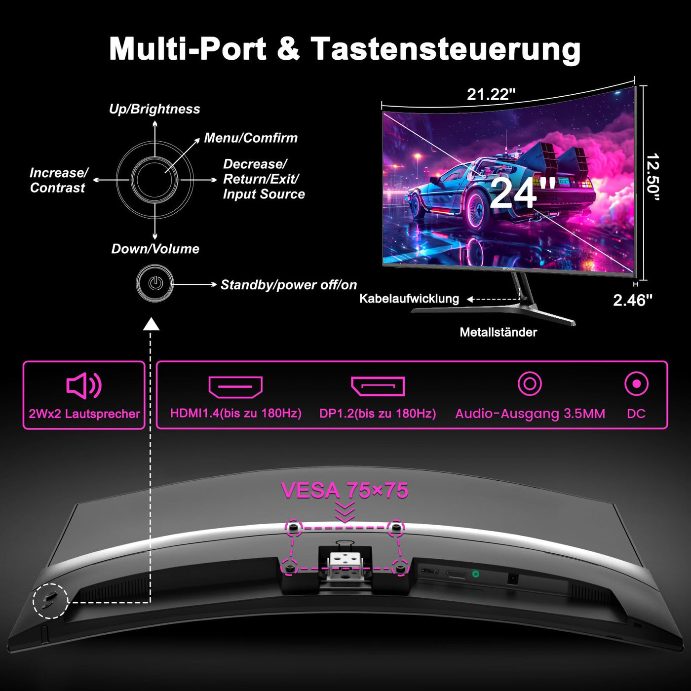 Minifire 24 Zoll Curved Gaming Monitor 180Hz, 1ms, 130% sRGB, Mit Lautsprechern, HDR, FreeSync, 300cd/m², VA, FHD 1080P, Rahmenlos, HDMI1.4 DP1.2 Ports (MFG24C1 HDMI-Kabel im Lieferumfang enthalten)