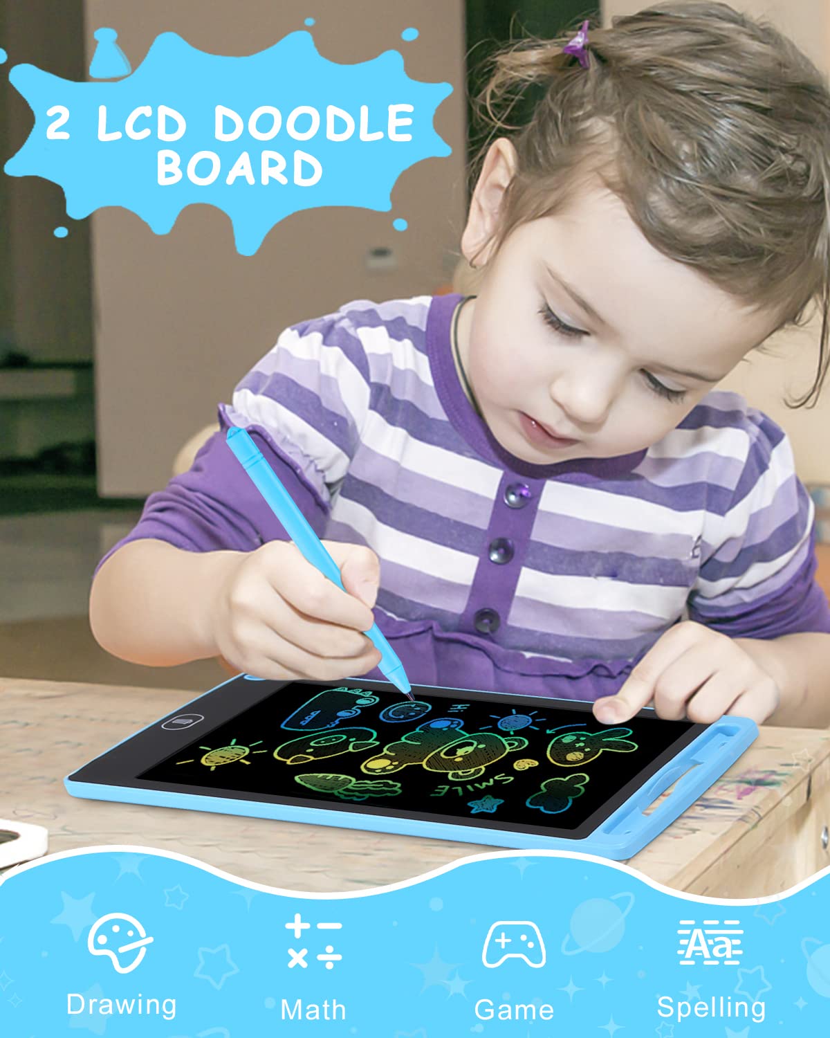 2 Packs LCD Schreibtafel für Kinder,Zaubertafel 8,5 Zoll, Bunter Bildschirm, Löschbarem Handschrift Block, Pädagogisches Spielzeug ab 2 3 4 Jahre Mädchen Jungen Geschenk Blau+Blau